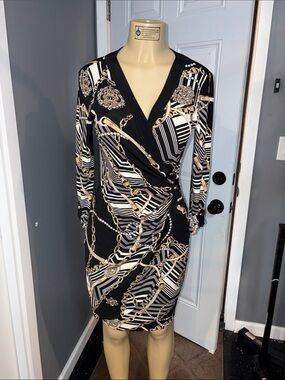 Cache Black, White & Gold Chain-Print Long Sleeve Wrap Dress